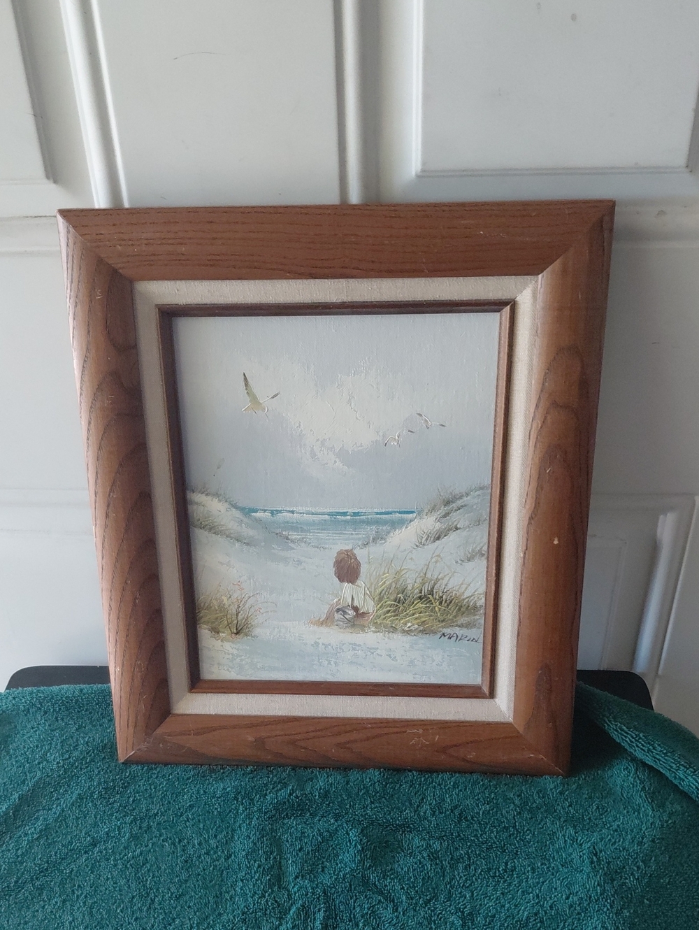 Coastal Beach Scene Oil Painting in Wood Frame - Seagull & Child Signed MARIN